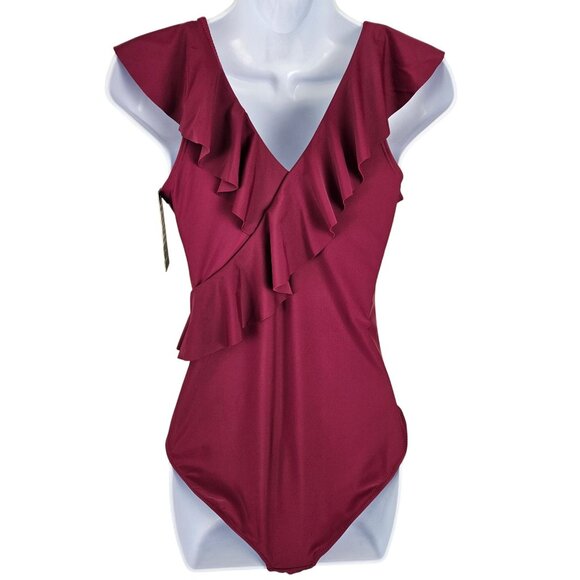 Blooming Jelly Womens Tummy Control One Piece Ruffle V Neck Swimsuit Size Medium - Picture 7 of 9